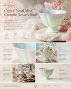 Detailed overview infographic of pearl mist ceramic dessert bowl featuring glossy ceramic texture, dessert presentation, and product dimensions