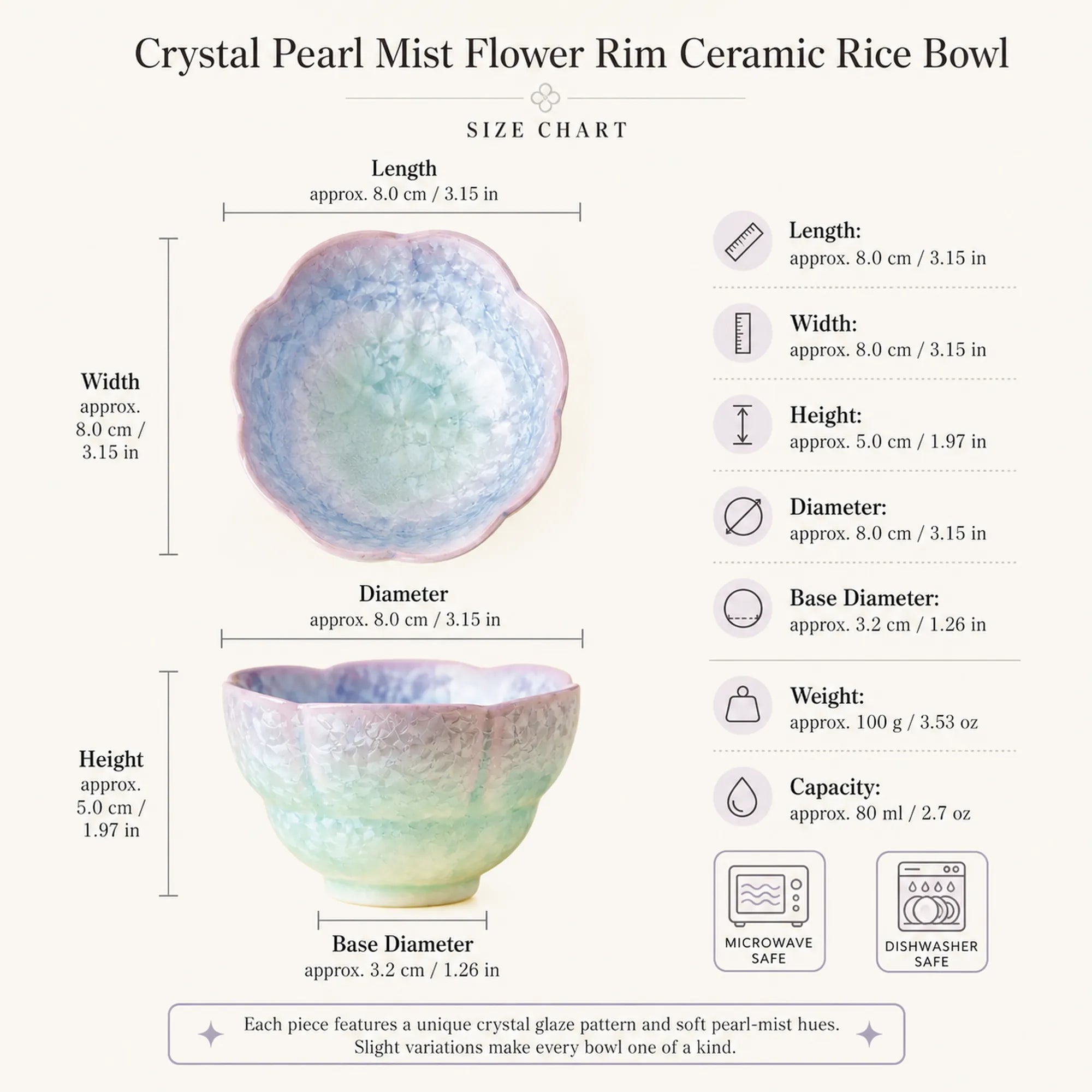 Dimensions of crystal pearl mist flower rim ceramic rice bowl
