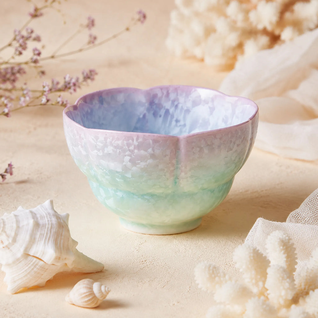 Crystal pearl mist flower rim ceramic rice bowl with delicate glaze finish