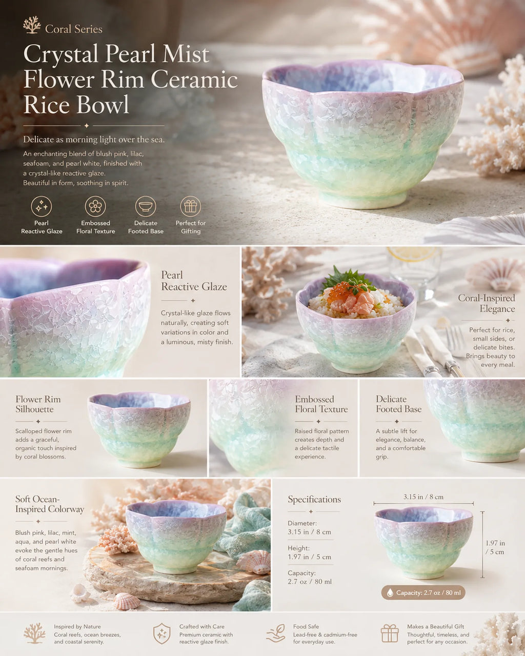 Detailed overview infographic of pearl mist ceramic rice bowl featuring flower rim texture, dining styling, and product dimensions