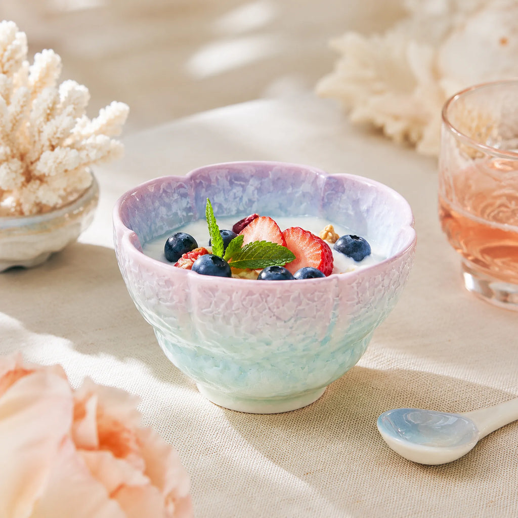 Pearl mist ceramic rice bowl served with fresh food