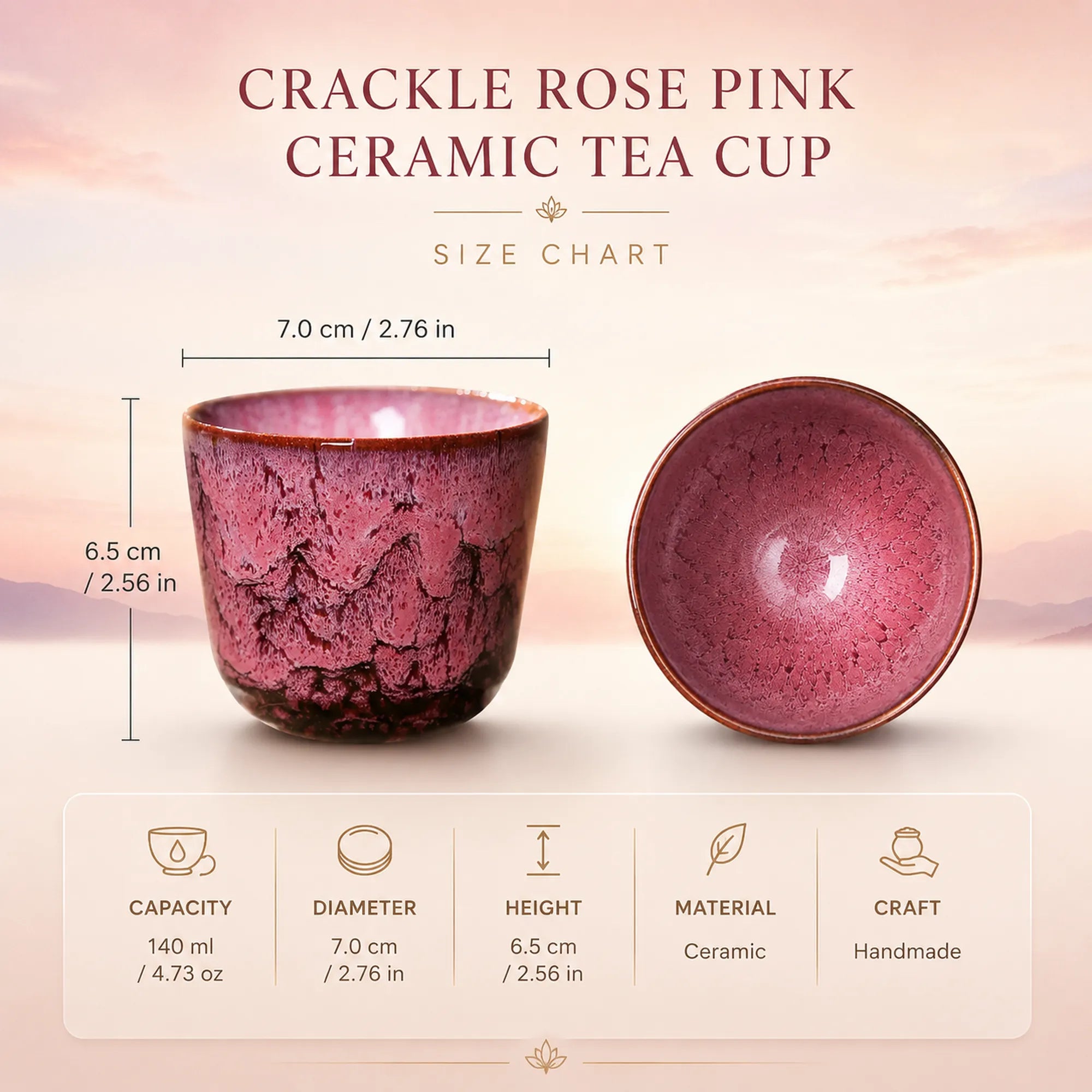 Dimensions of crackle rose pink ceramic tea cup