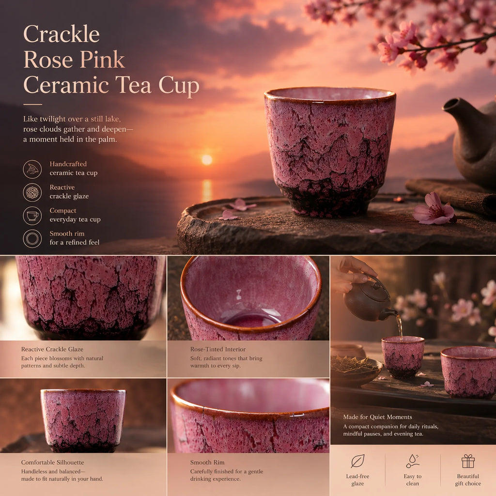 Detailed overview infographic of rose pink ceramic tea cup featuring crackle glaze texture, tea styling, and product dimensions