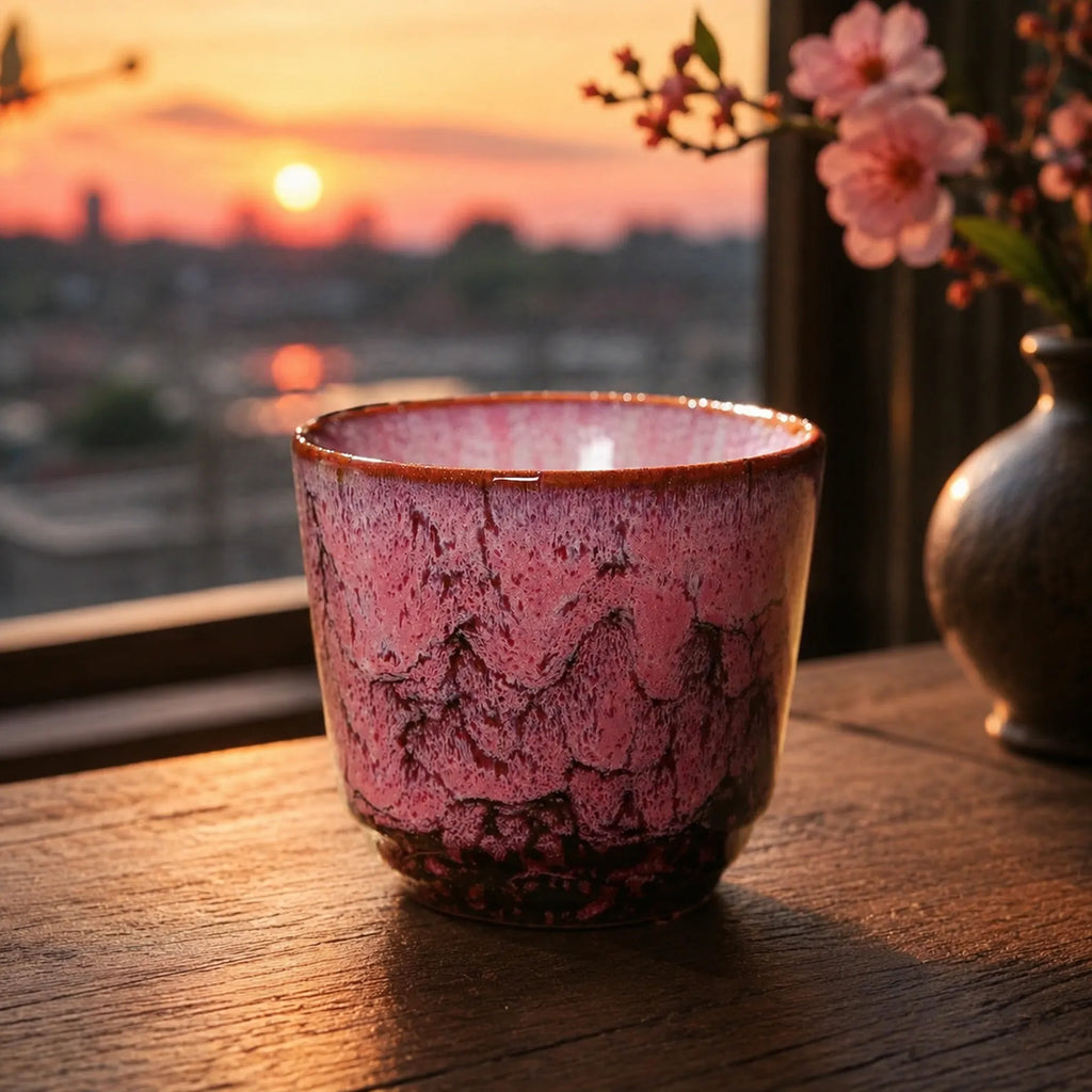 Rose pink ceramic tea cup styled in a warm tea setting
