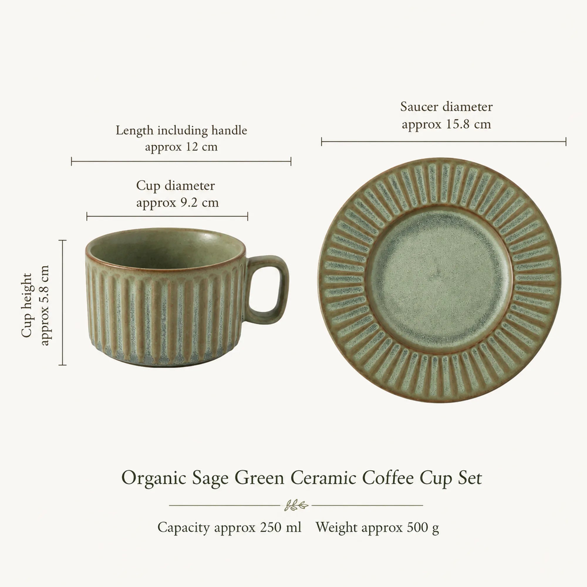 Dimensions of sage green ceramic coffee cup set