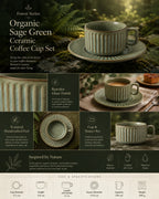 Detailed overview infographic of sage green ceramic coffee cup set featuring glazed texture, coffee styling, and product dimensions