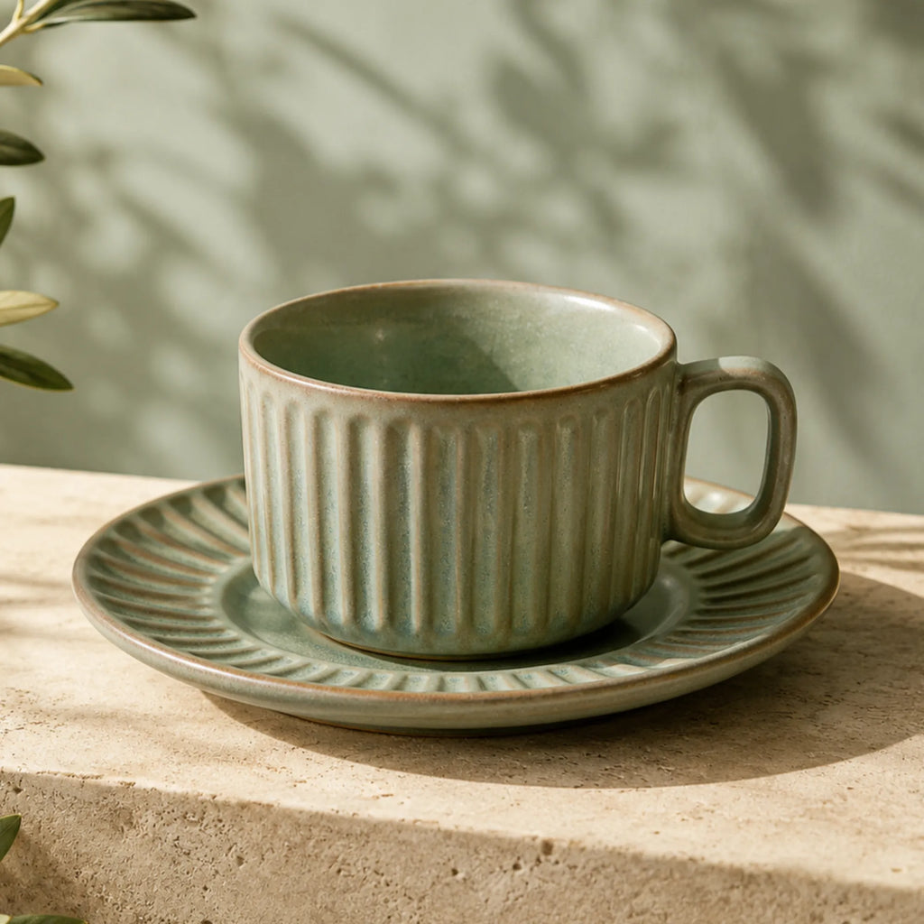Organic sage green ceramic coffee cup set with textured glaze