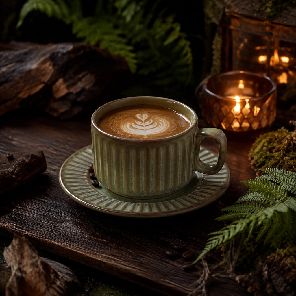Sage green ceramic coffee cup set styled with coffee