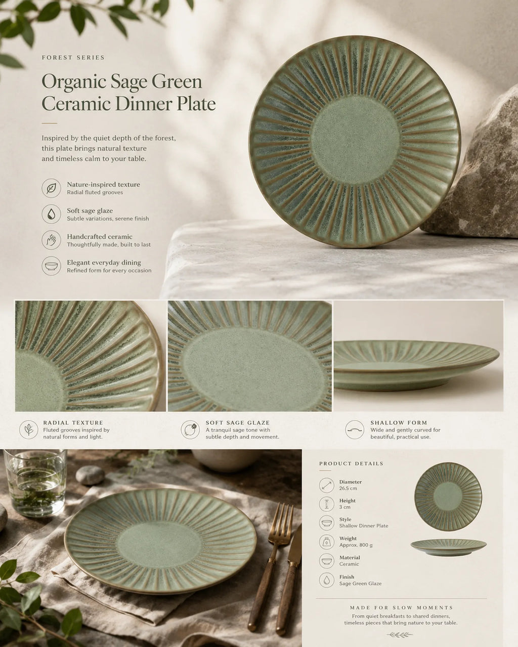Detailed overview infographic of sage green ceramic dinner plate featuring organic texture, dining styling, and product specifications