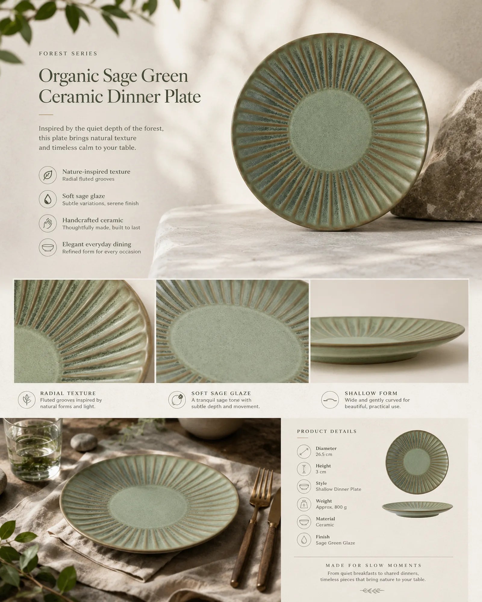 Detailed overview infographic of sage green ceramic dinner plate featuring organic texture, dining styling, and product specifications