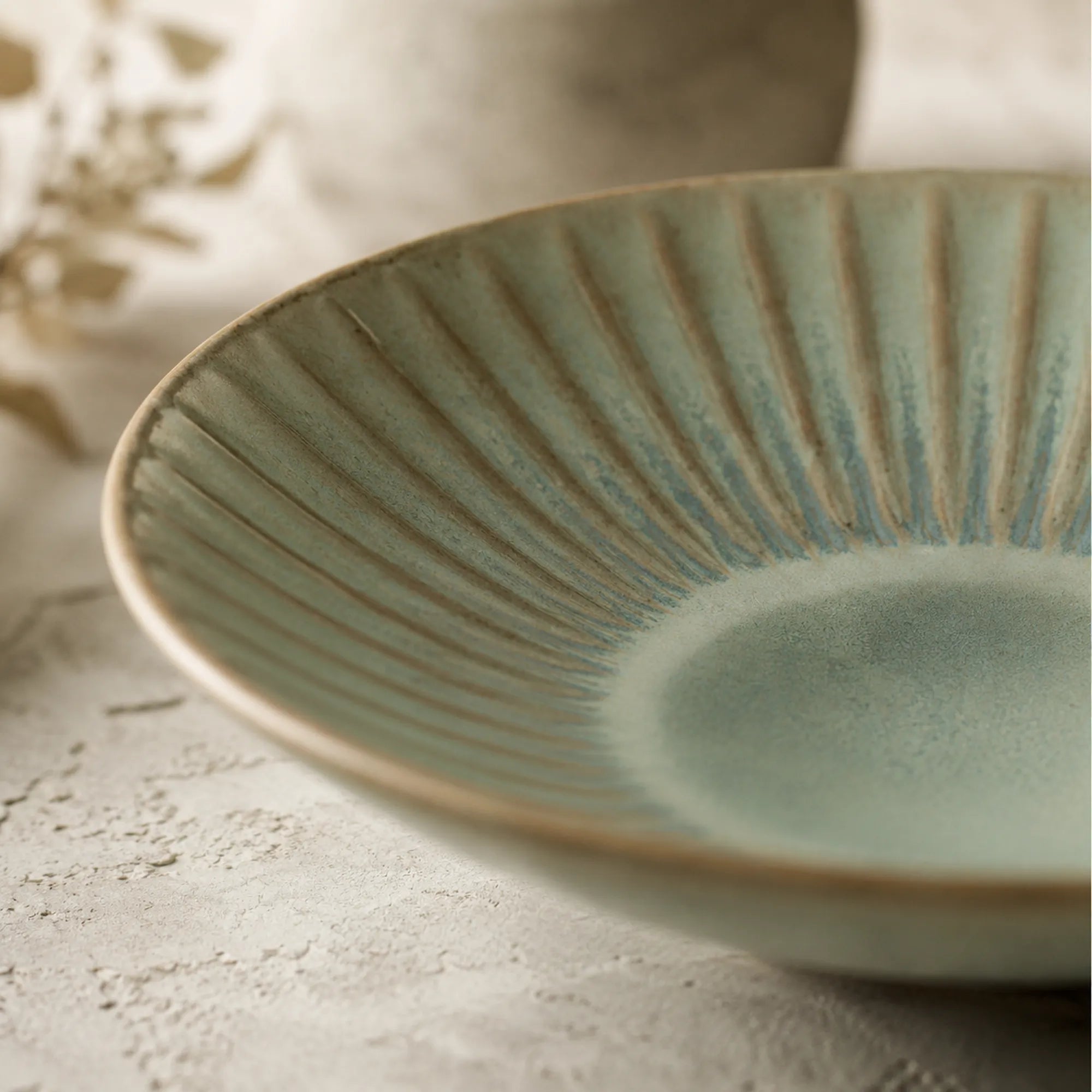 Close-up texture detail of sage green ceramic pasta plate