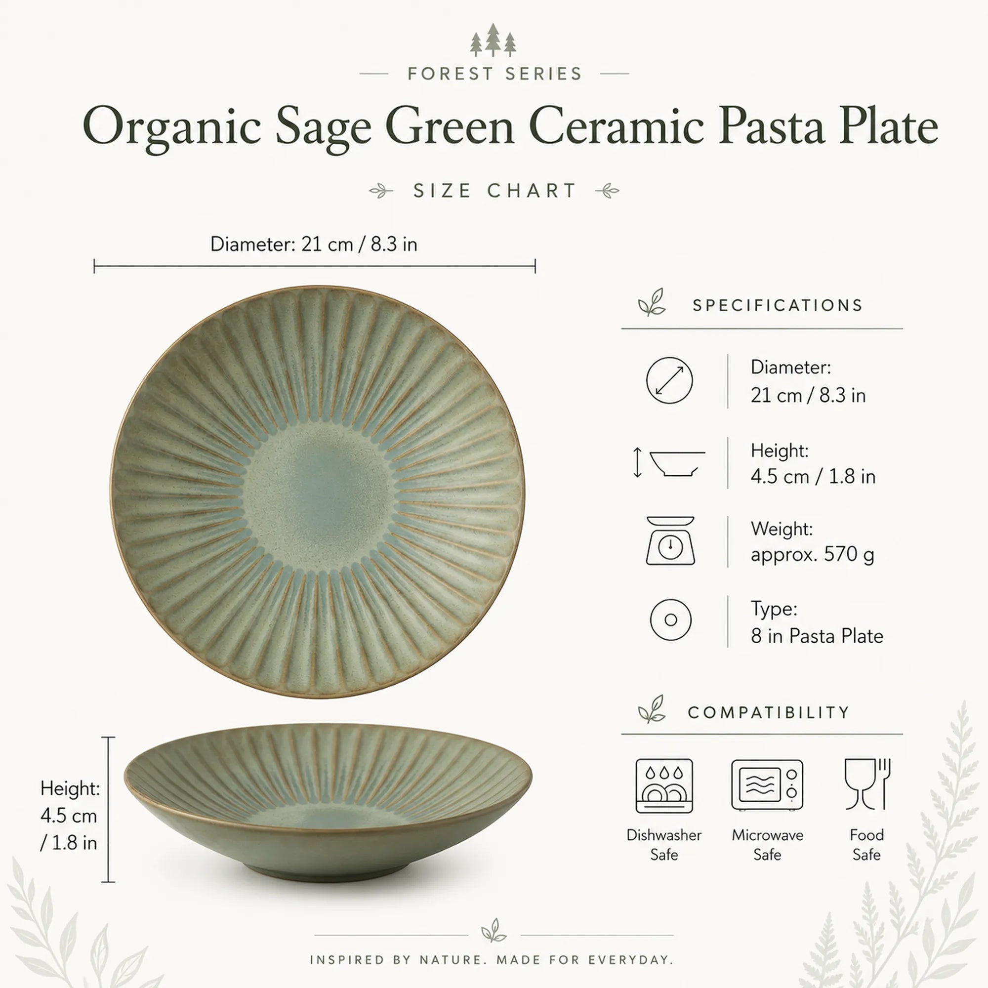 Dimensions of sage green ceramic pasta plate