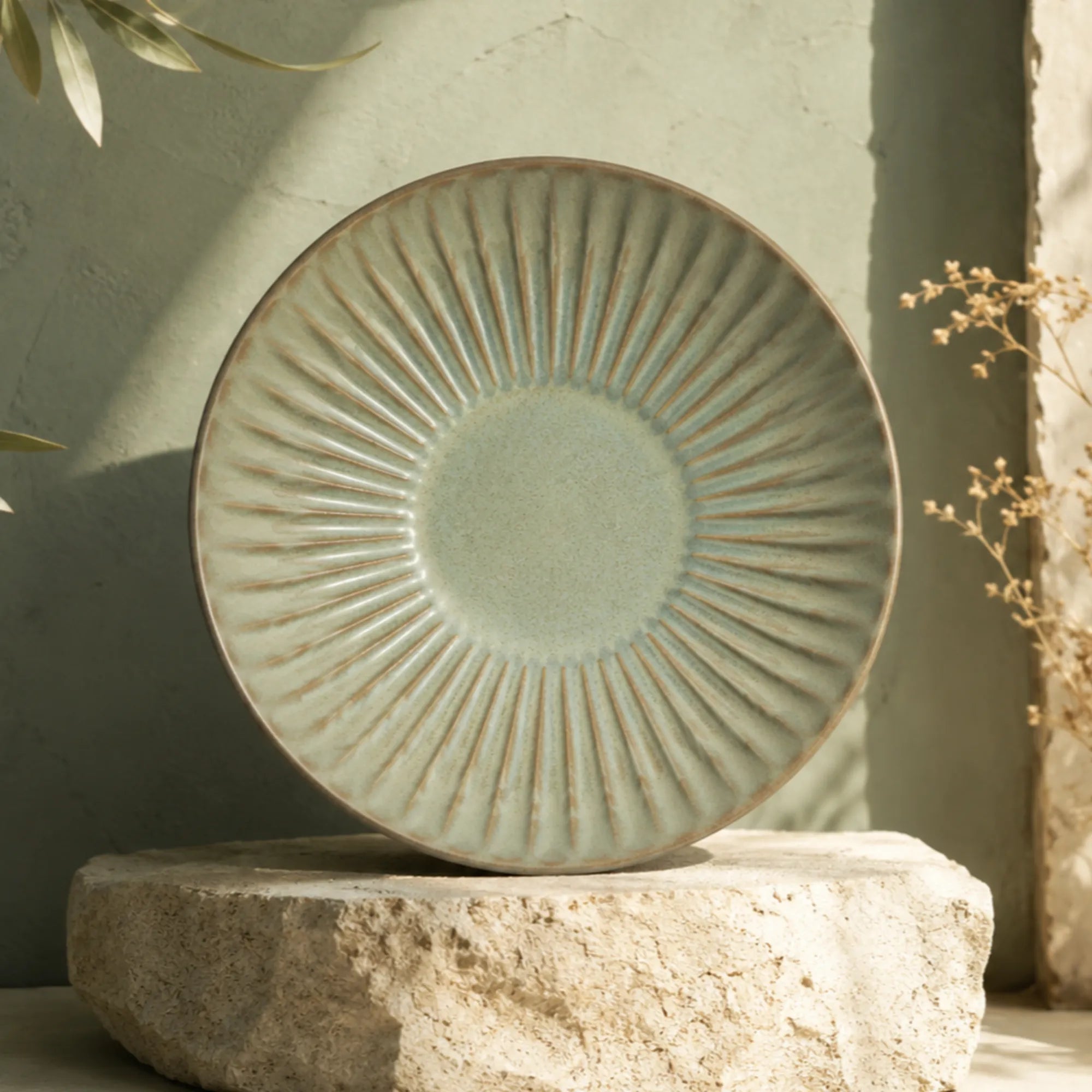 Organic sage green ceramic pasta plate with textured glaze