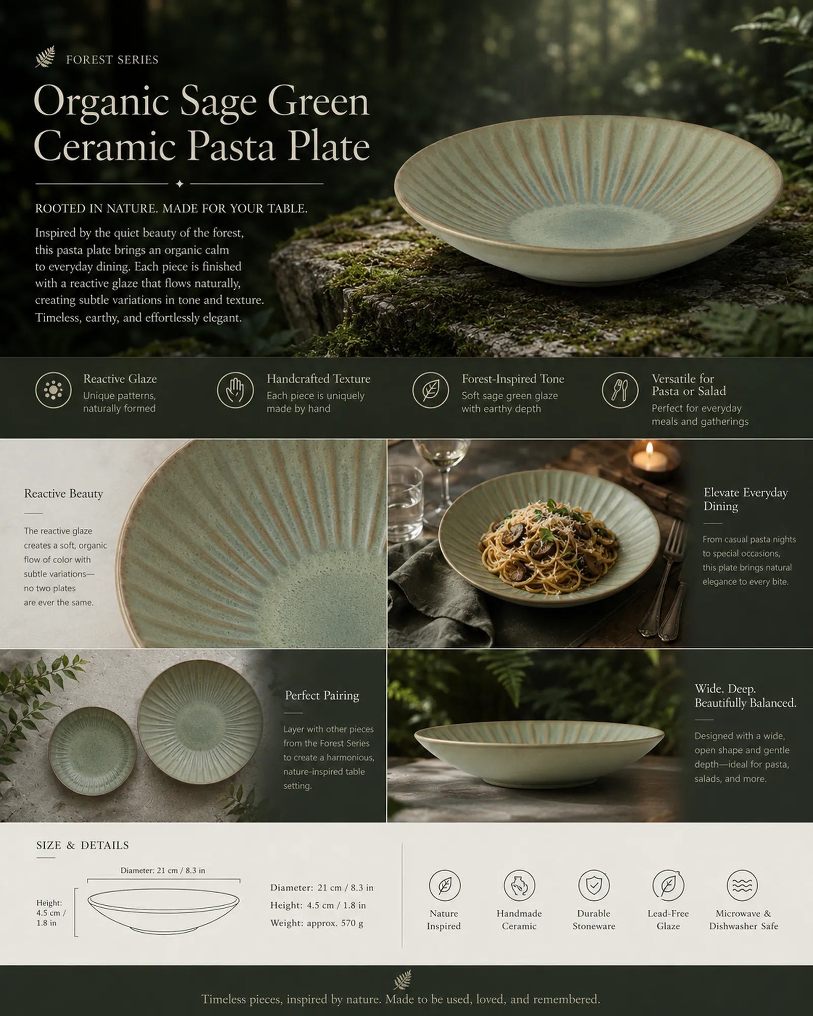 Detailed overview infographic of sage green ceramic pasta plate featuring textured glaze, food presentation, and product dimensions