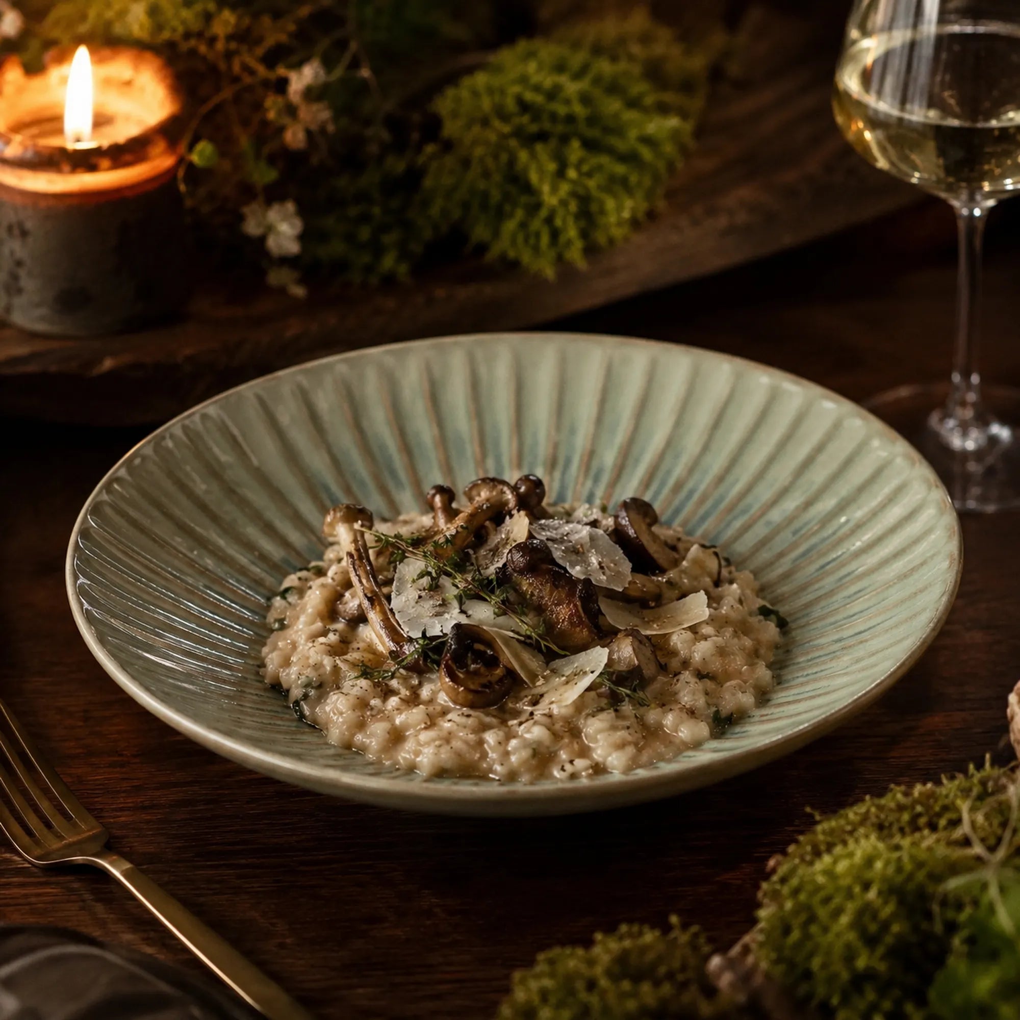 Sage green ceramic pasta plate styled with pasta