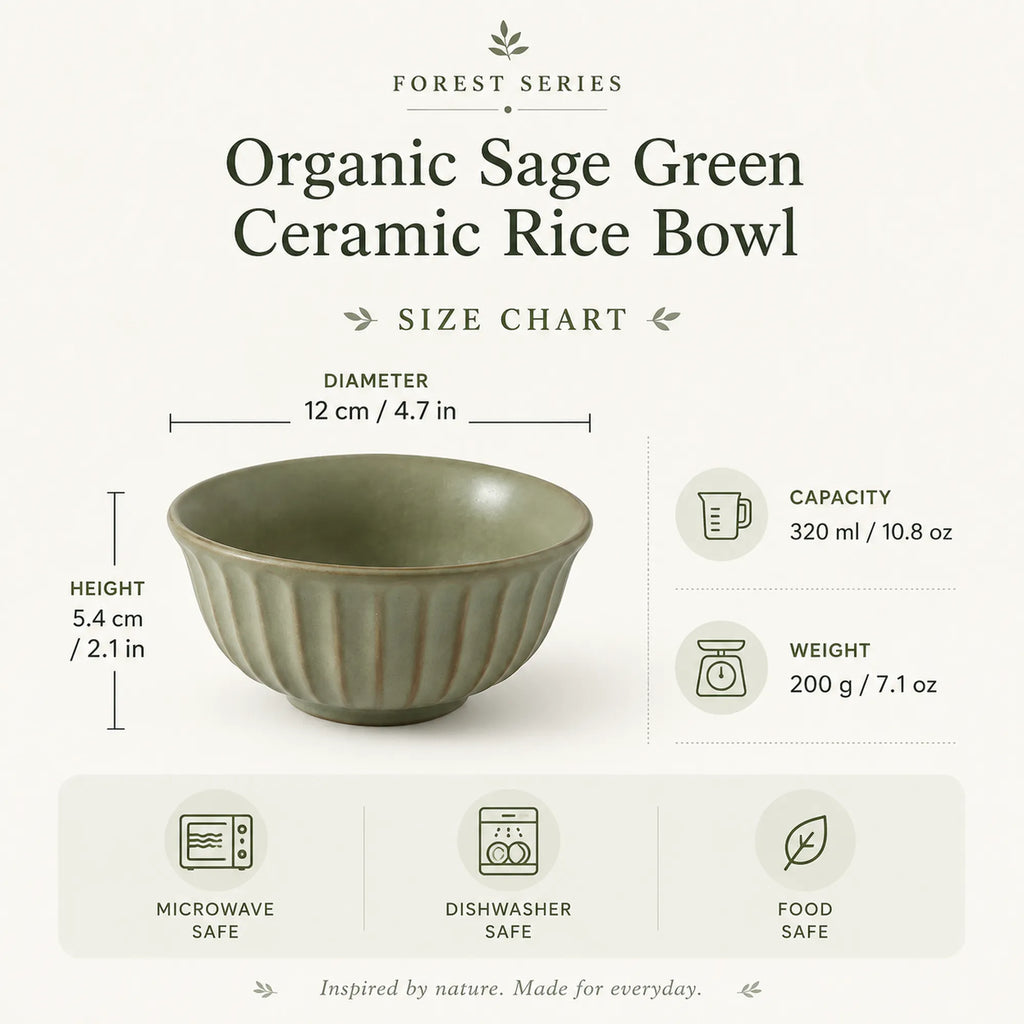 Dimensions of sage green ceramic rice bowl