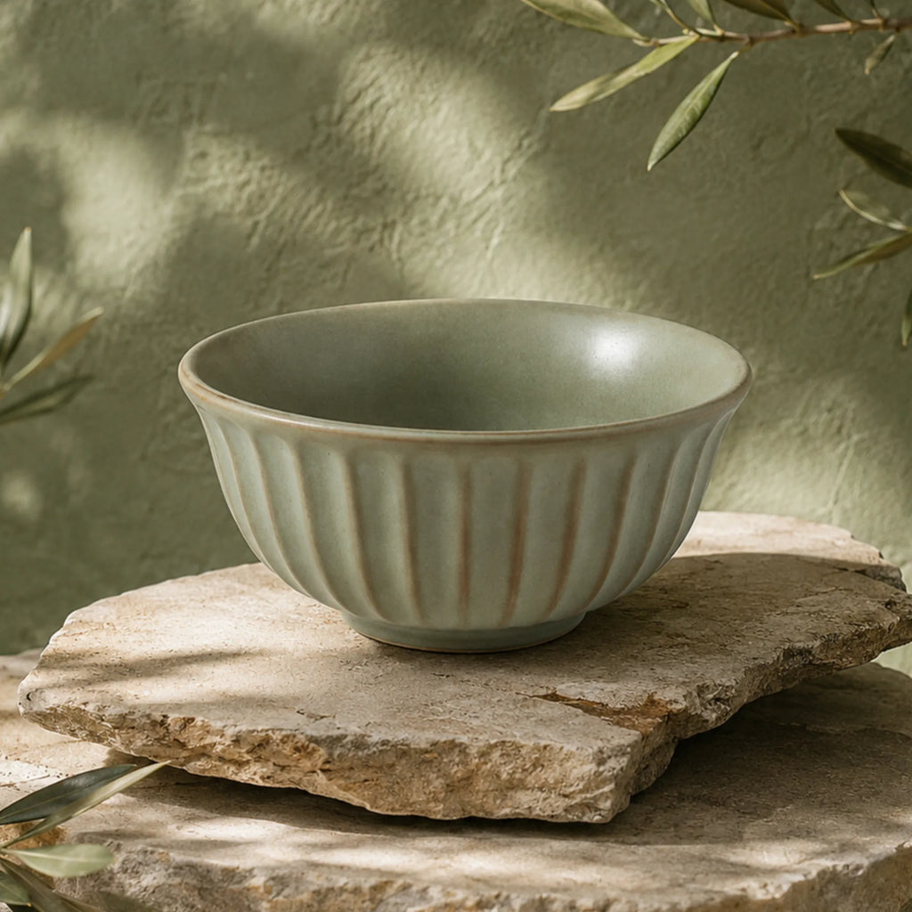 Organic sage green ceramic rice bowl with textured glaze