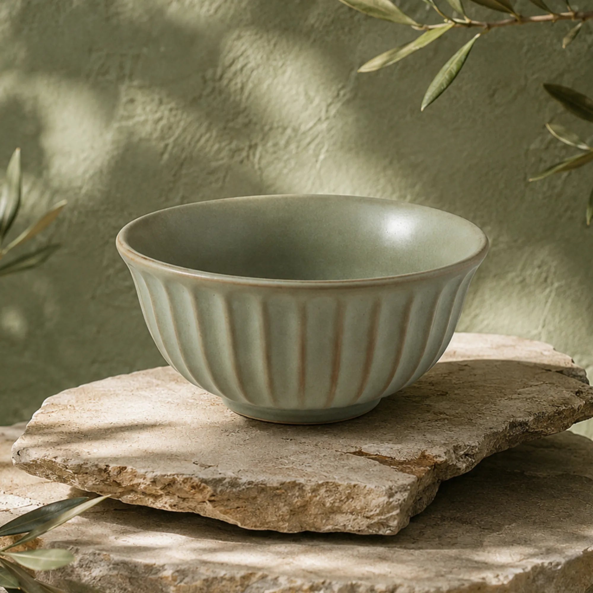 Organic sage green ceramic rice bowl with textured glaze