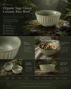 Detailed overview infographic of sage green ceramic rice bowl featuring ceramic texture, dining atmosphere, and product specifications