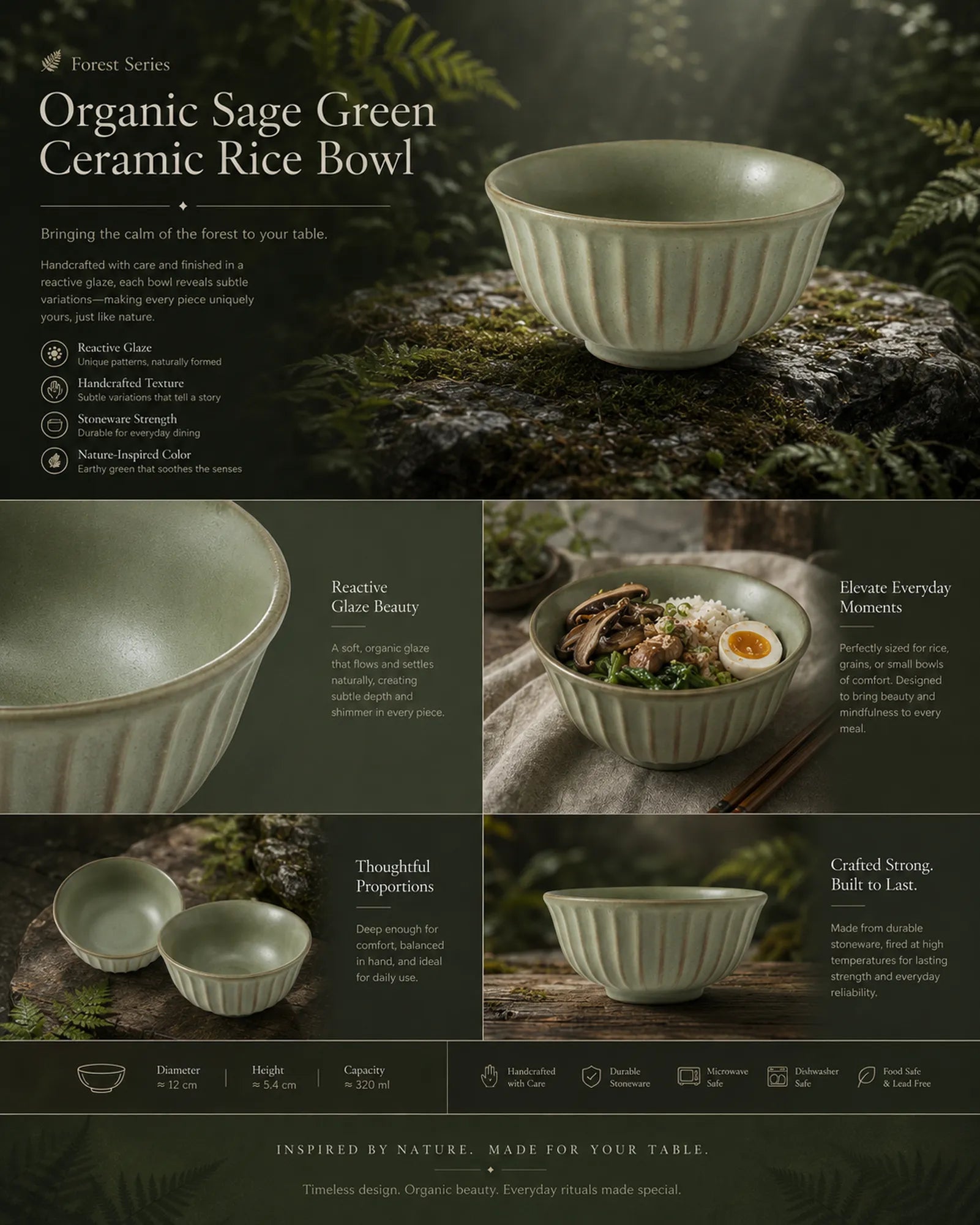 Detailed overview infographic of sage green ceramic rice bowl featuring ceramic texture, dining atmosphere, and product specifications