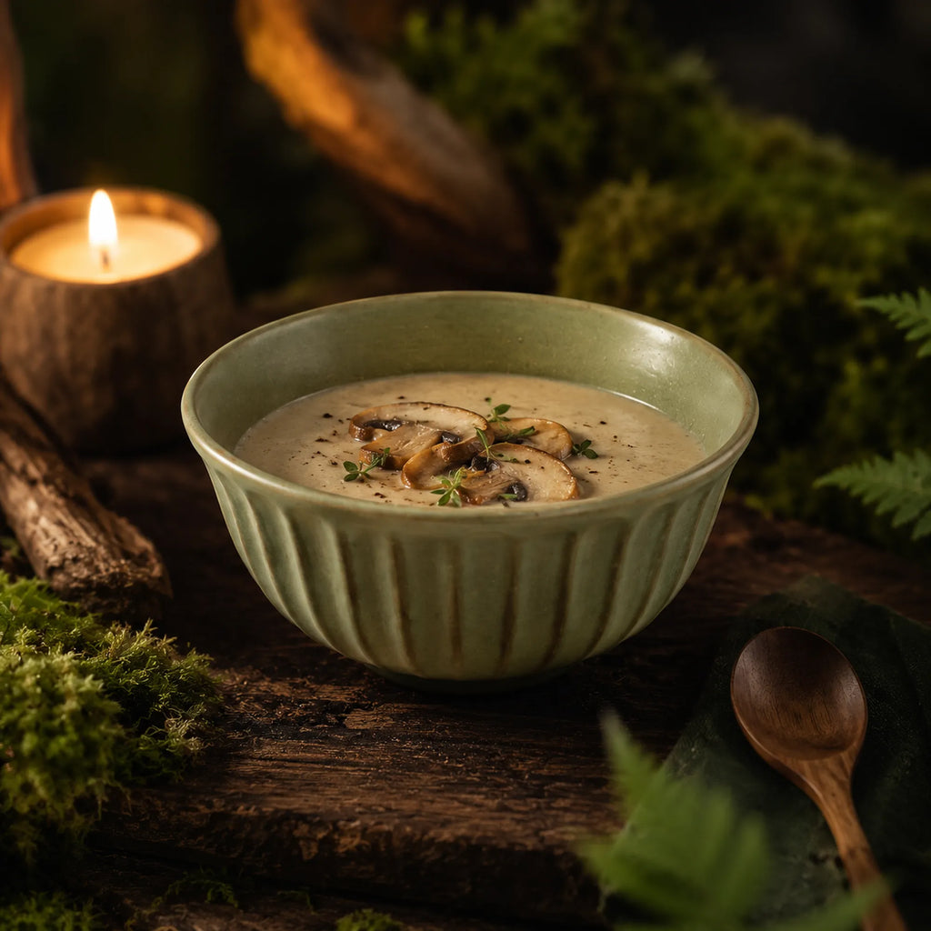 Sage green ceramic rice bowl styled with fresh food