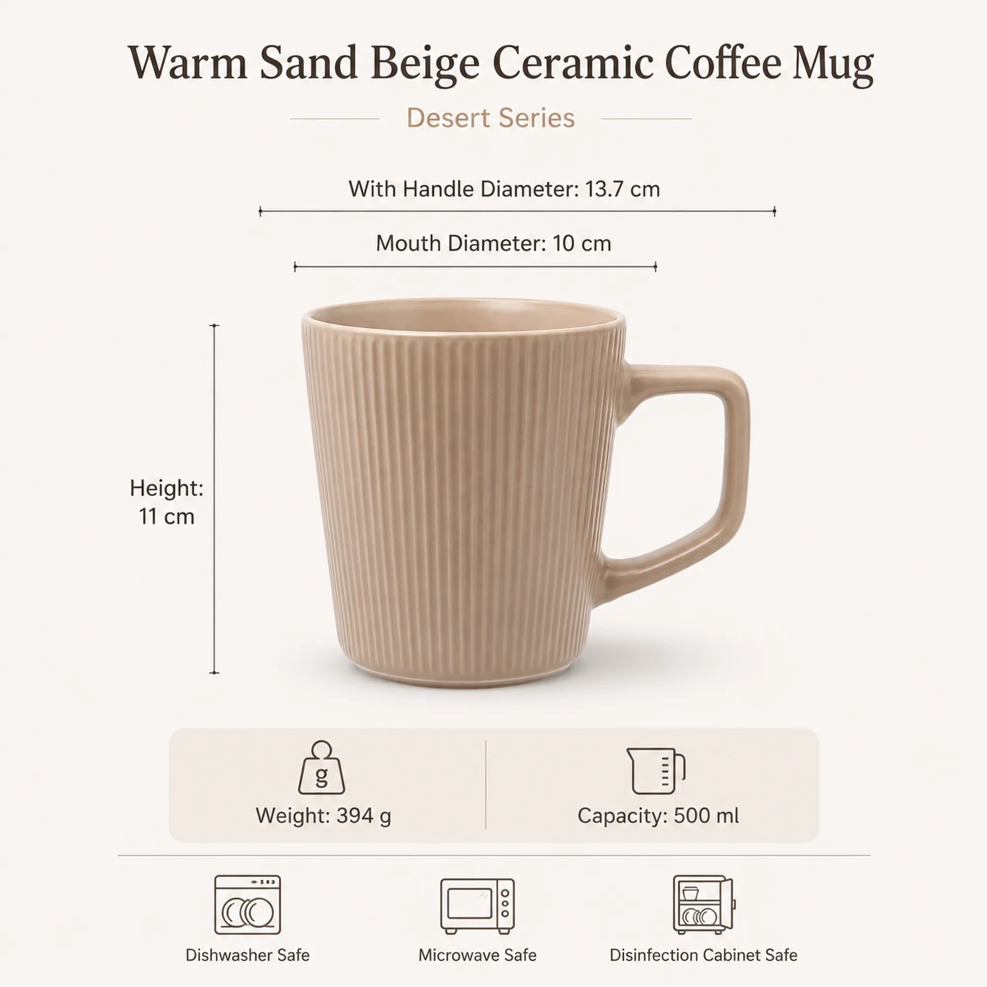 Dimensions of warm sand beige ceramic coffee mug