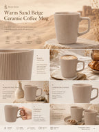 Detailed overview infographic of sand beige ceramic coffee mug featuring glazed texture, coffee styling, and product dimensions