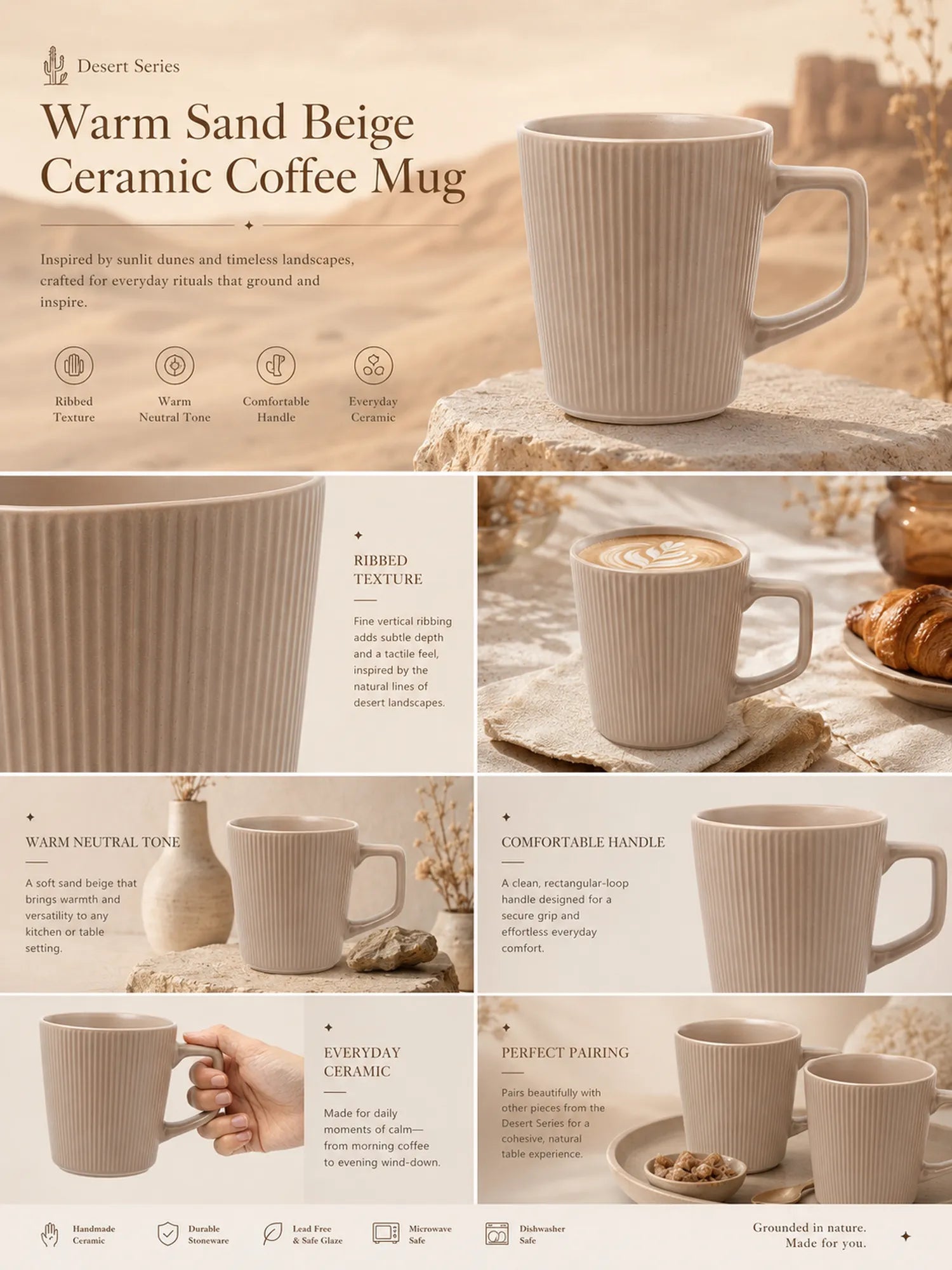 Detailed overview infographic of sand beige ceramic coffee mug featuring glazed texture, coffee styling, and product dimensions