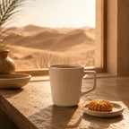 Sand beige ceramic coffee mug styled on a cozy coffee table