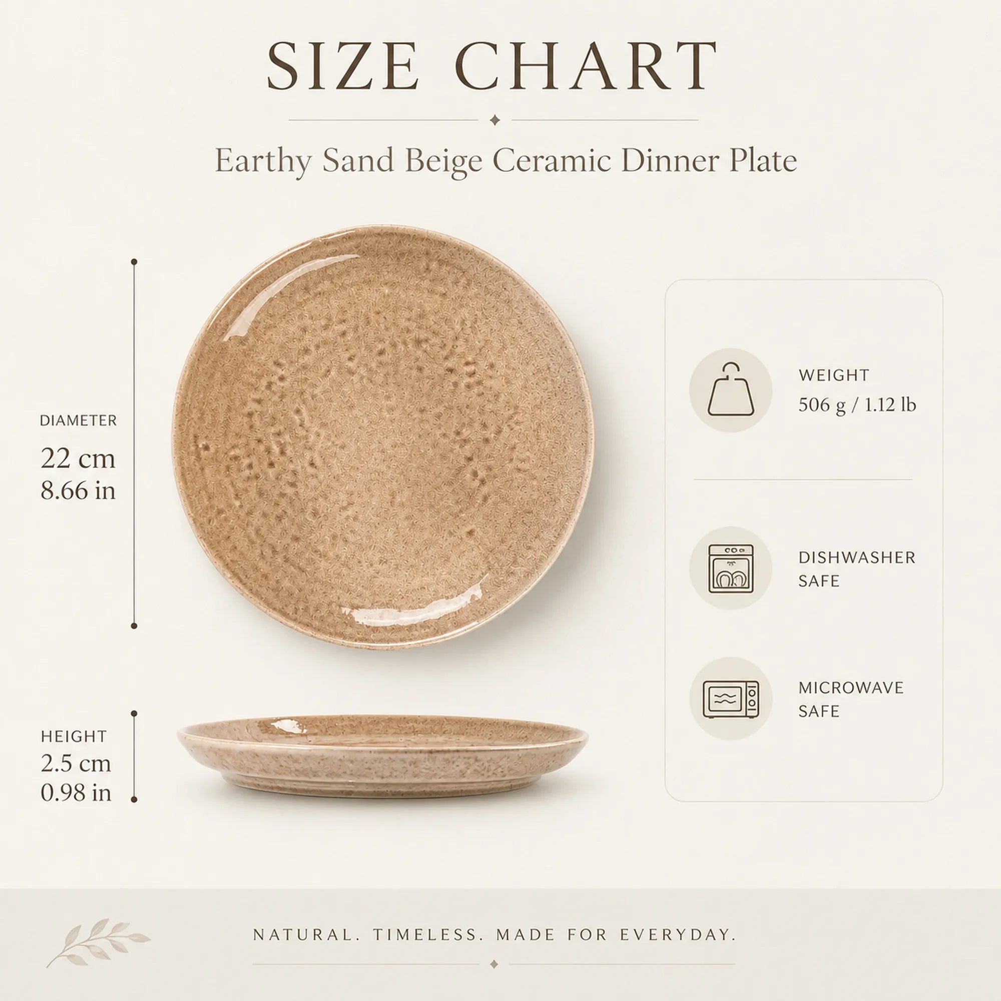 Dimensions of earthy sand beige ceramic dinner plate