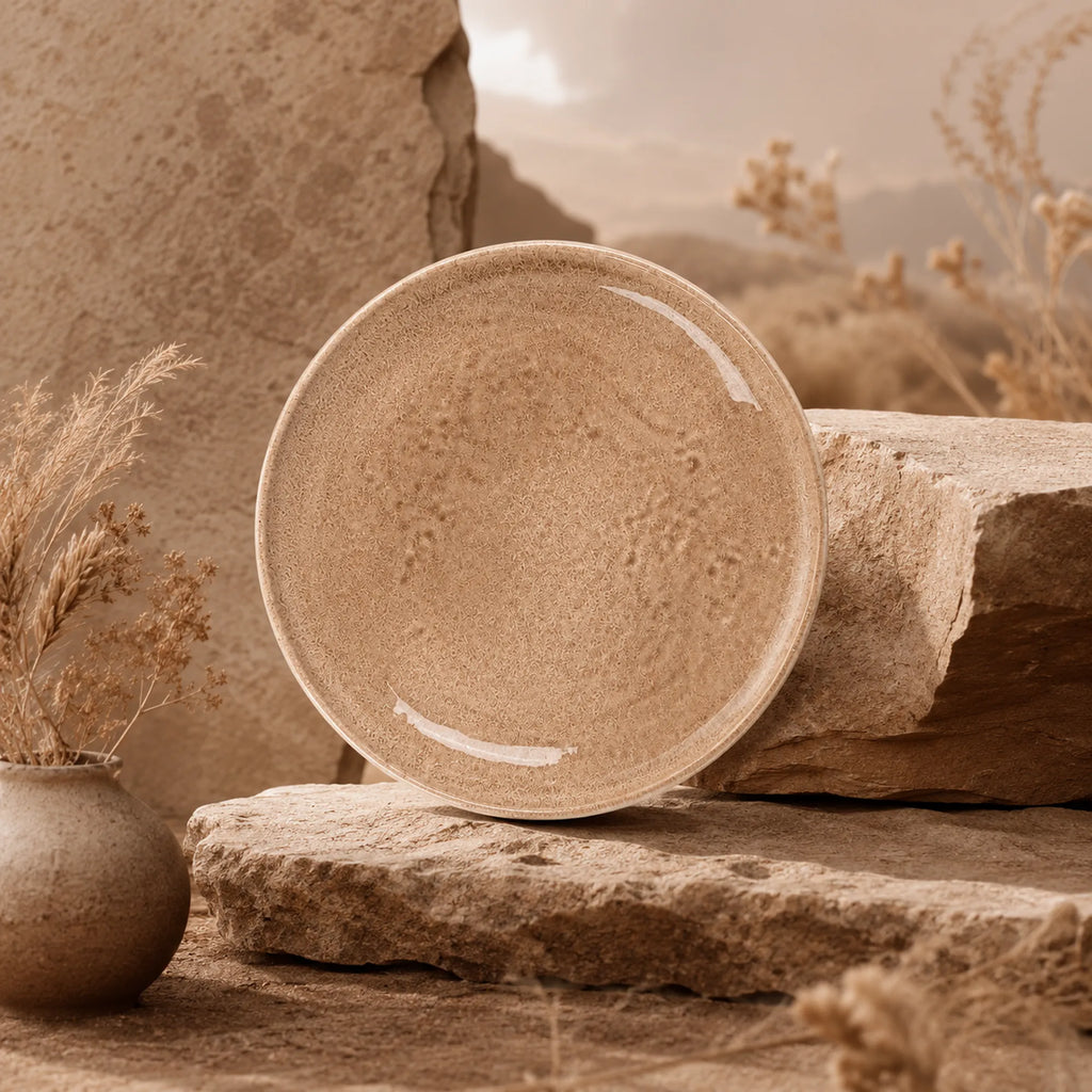 Earthy sand beige ceramic dinner plate with natural glaze texture