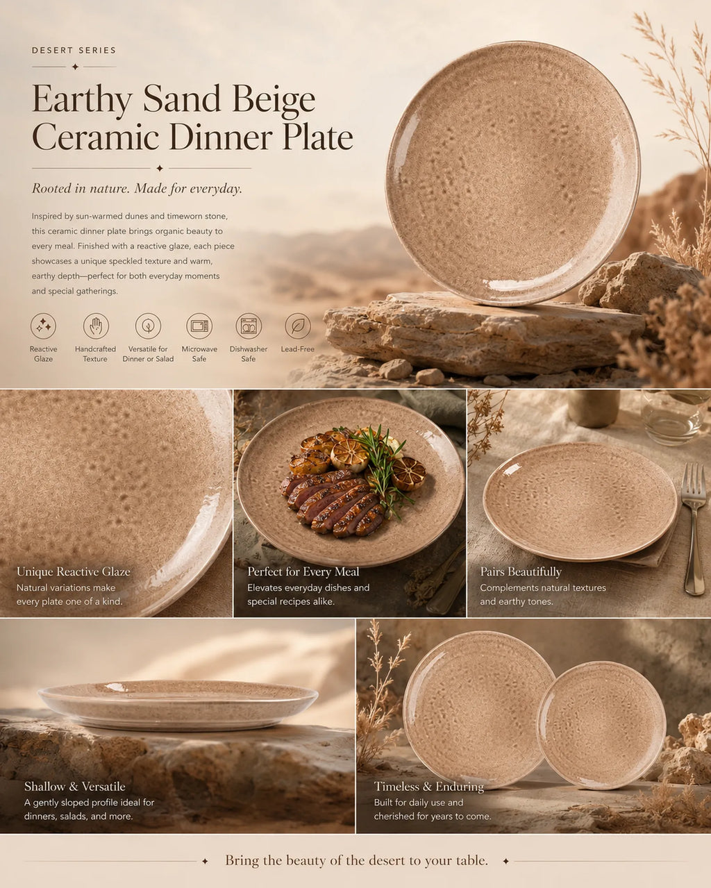 Detailed overview infographic of sand beige ceramic dinner plate featuring natural glaze texture, dining atmosphere, and product dimensions