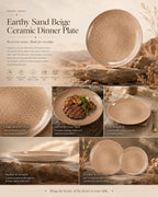 Detailed overview infographic of sand beige ceramic dinner plate featuring natural glaze texture, dining atmosphere, and product dimensions