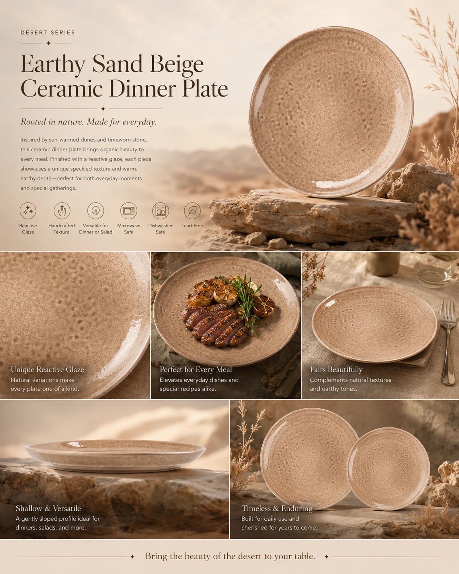 Detailed overview infographic of sand beige ceramic dinner plate featuring natural glaze texture, dining atmosphere, and product dimensions
