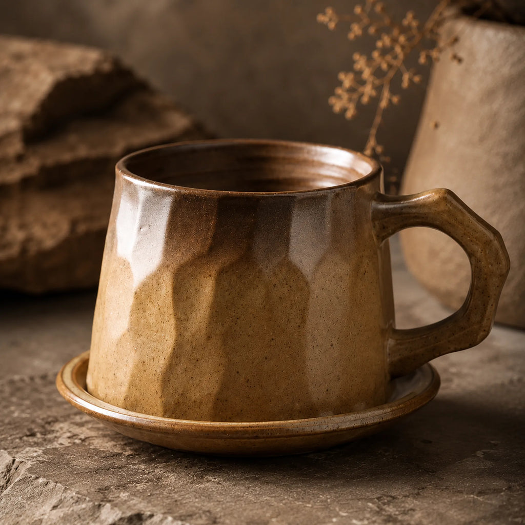Close-up faceted texture of sand brown ceramic coffee mug