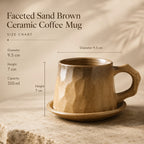 Dimensions of faceted sand brown ceramic coffee mug