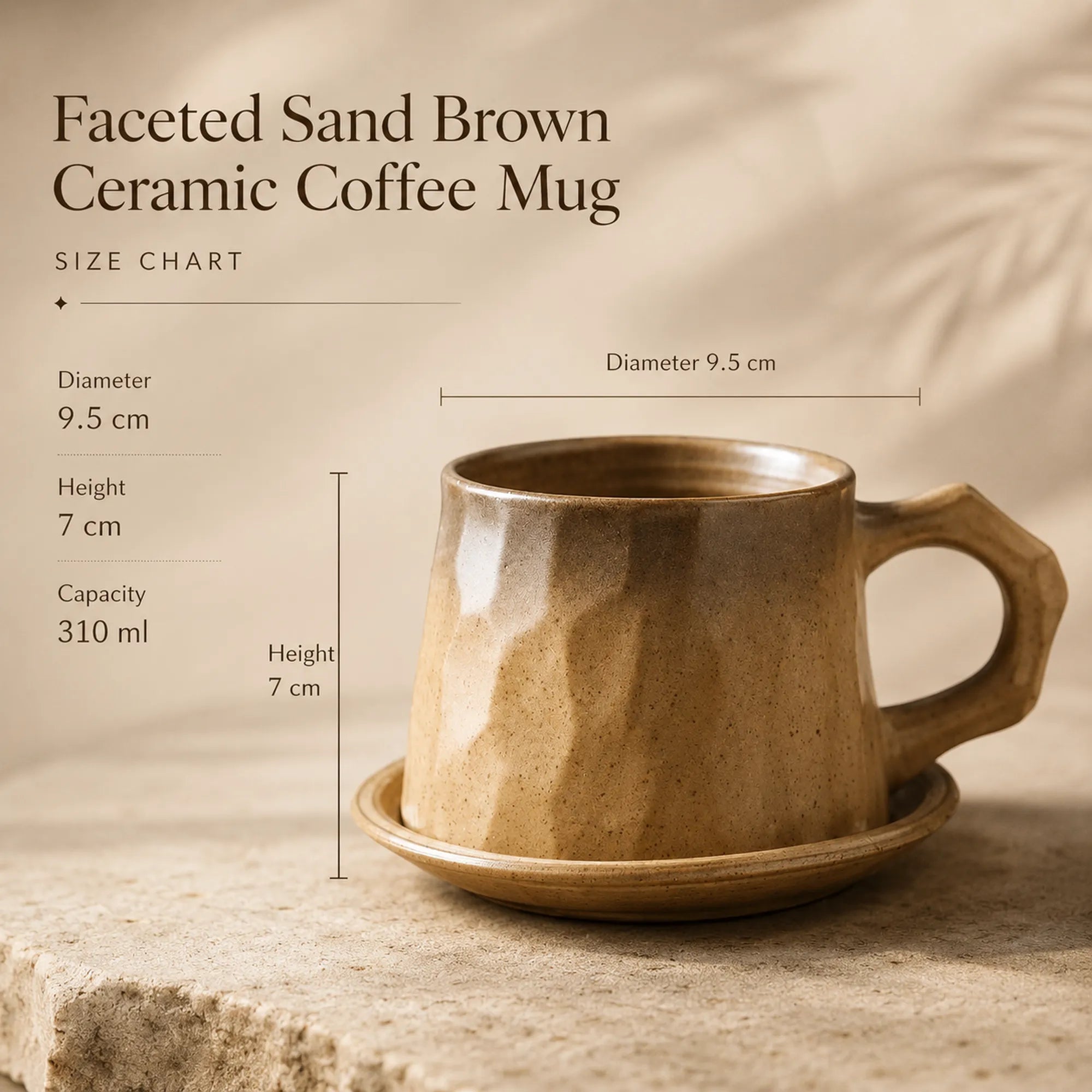 Dimensions of faceted sand brown ceramic coffee mug