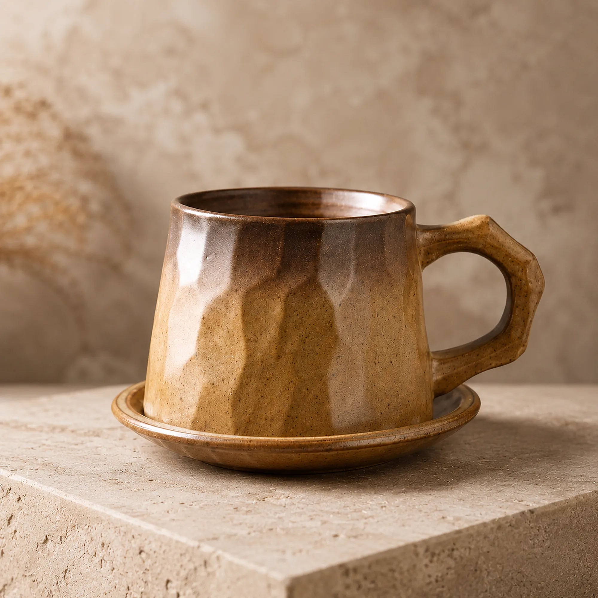 Faceted sand brown ceramic coffee mug with textured matte finish