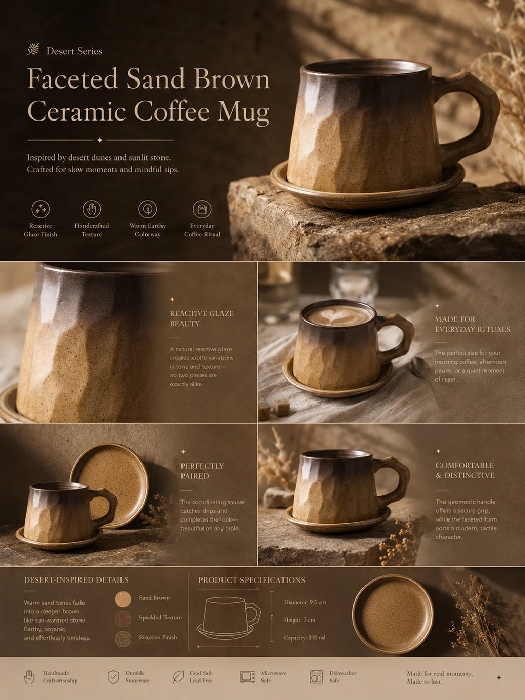 Detailed overview infographic of sand brown ceramic coffee mug featuring faceted texture, coffee styling, and product dimensions