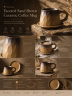 Detailed overview infographic of sand brown ceramic coffee mug featuring faceted texture, coffee styling, and product dimensions