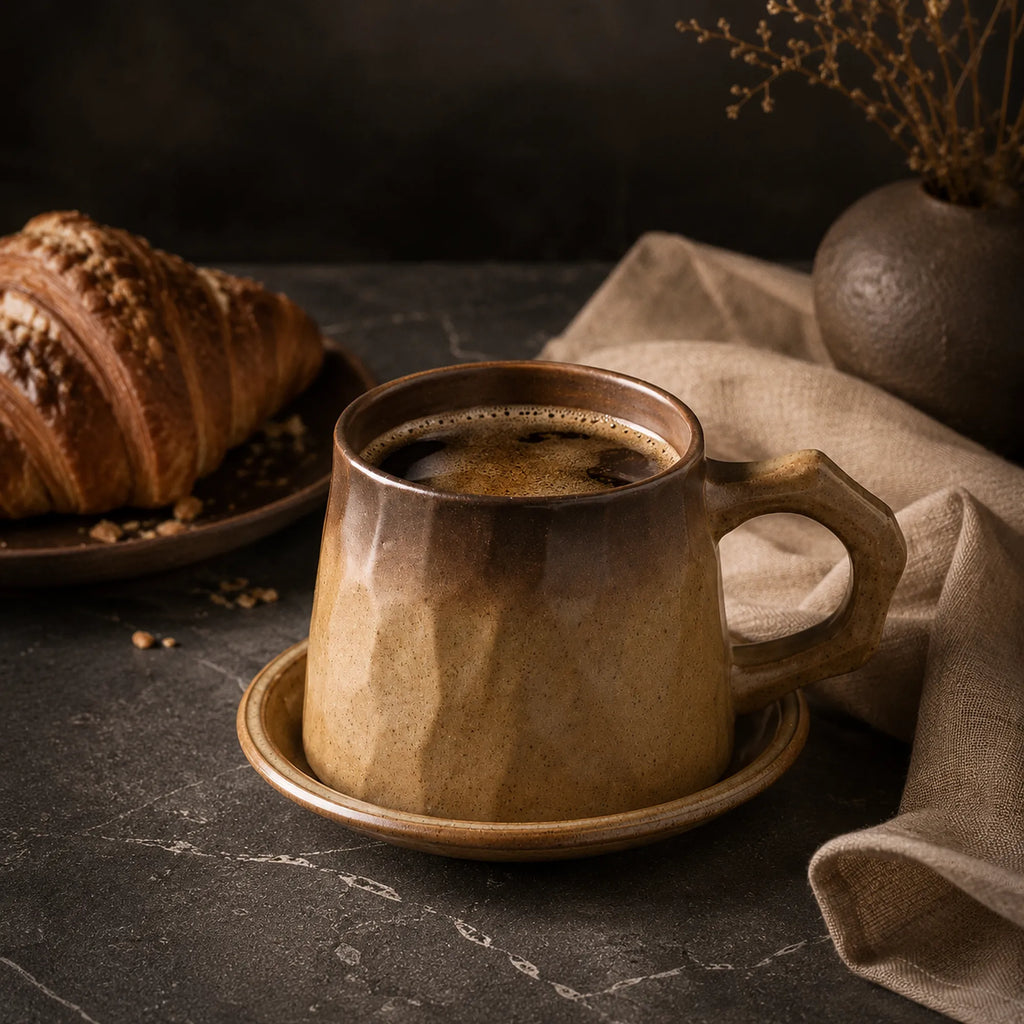 Sand brown ceramic coffee mug served with coffee