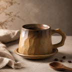 Sand brown ceramic coffee mug styled on a wooden coffee table