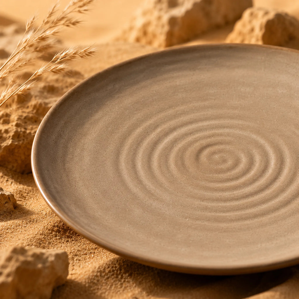 Close-up spiral texture of sand brown ceramic dinner plate
