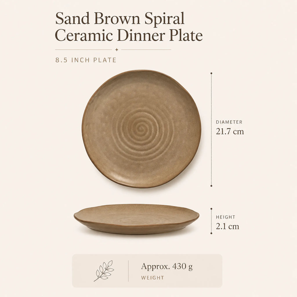 Dimensions of sand brown spiral ceramic dinner plate