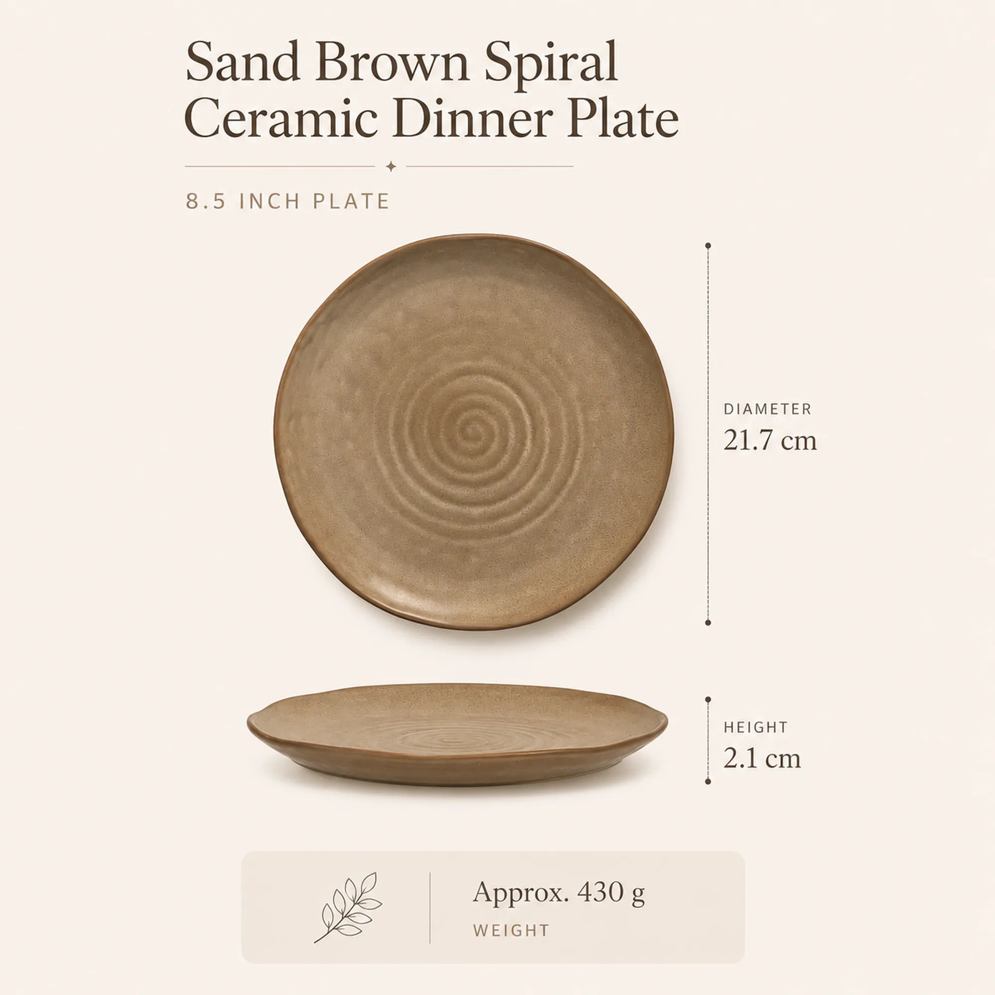 Dimensions of sand brown spiral ceramic dinner plate