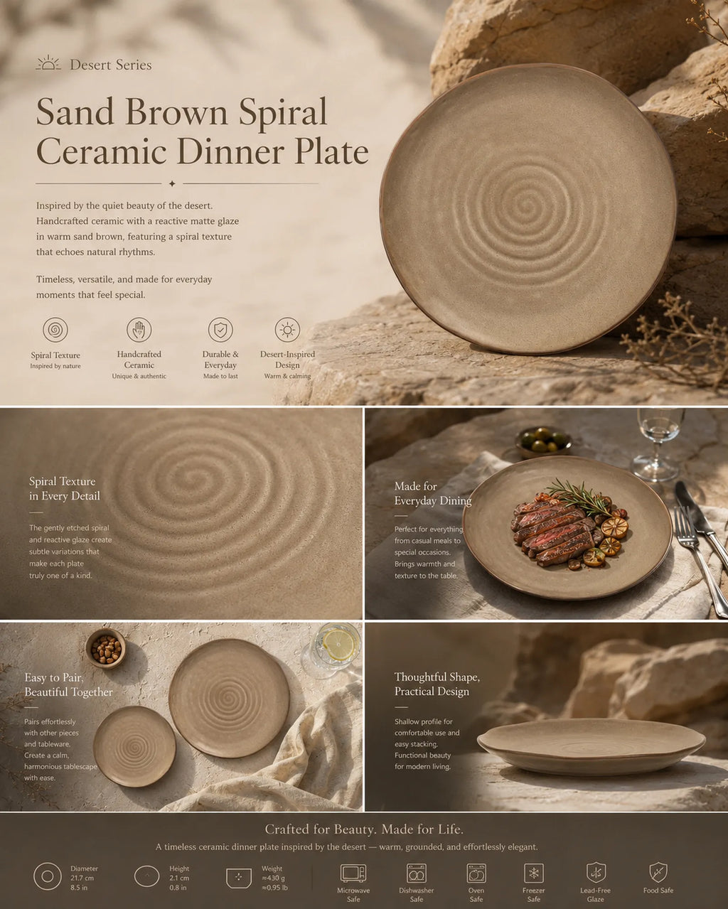 Detailed overview infographic of sand brown ceramic dinner plate featuring spiral texture, dining atmosphere, and product dimensions
