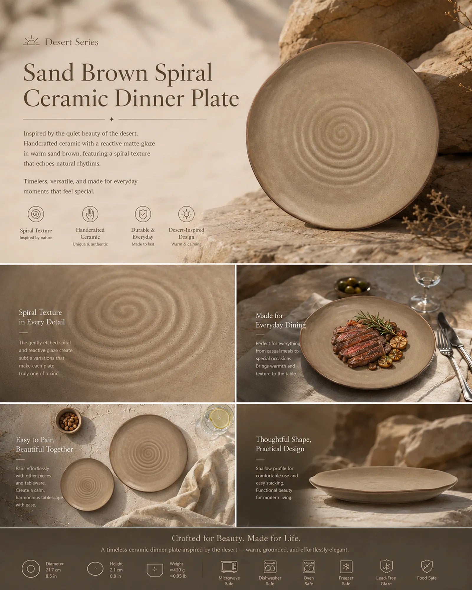 Detailed overview infographic of sand brown ceramic dinner plate featuring spiral texture, dining atmosphere, and product dimensions