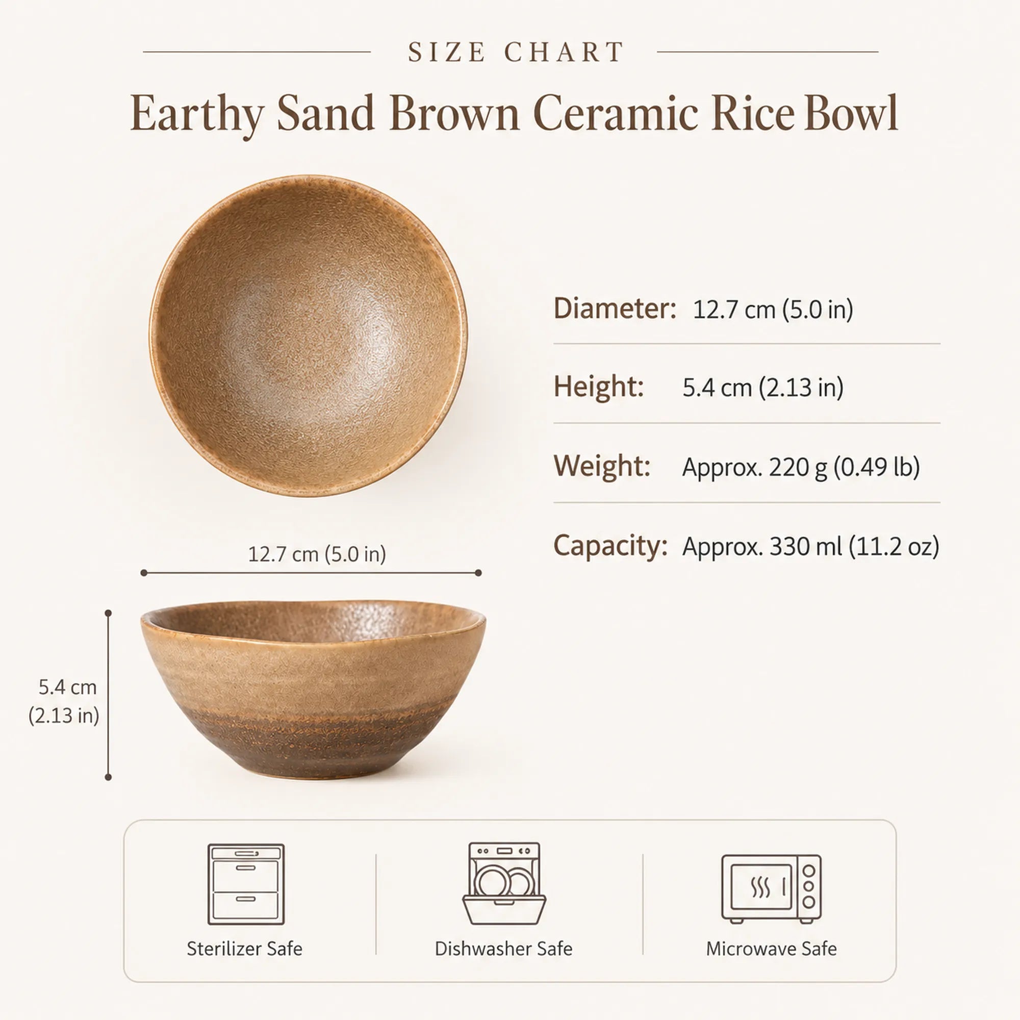 Dimensions of earthy sand brown ceramic rice bowl