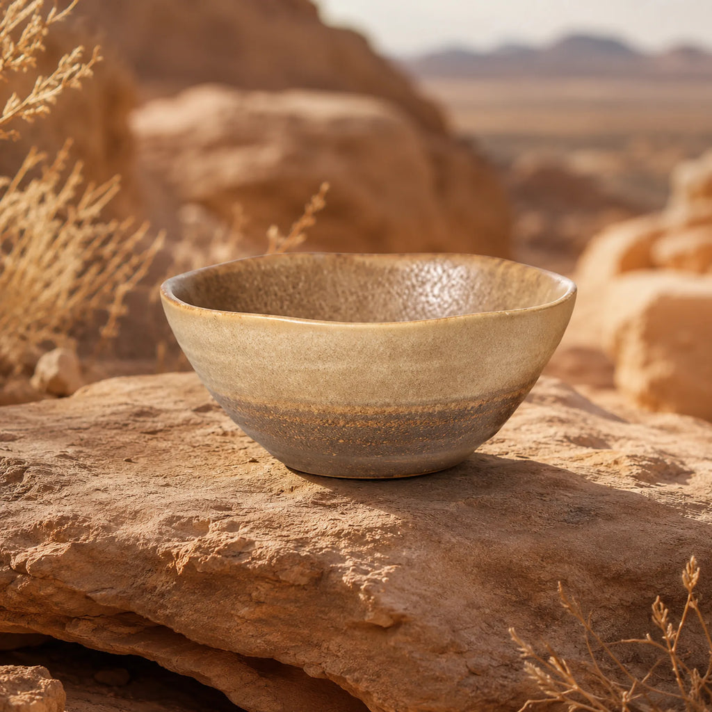Earthy sand brown ceramic rice bowl with layered glaze texture