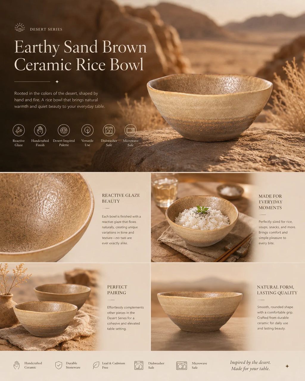 Detailed overview infographic of sand brown ceramic rice bowl featuring layered glaze finish, dining styling, and product specifications